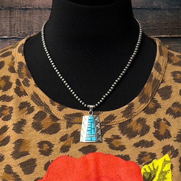 1990s DESIREE MAYES Zuni Sterling Turquoise Cobblestone Inlay Pendant Stair Step - Picture 3 of 3